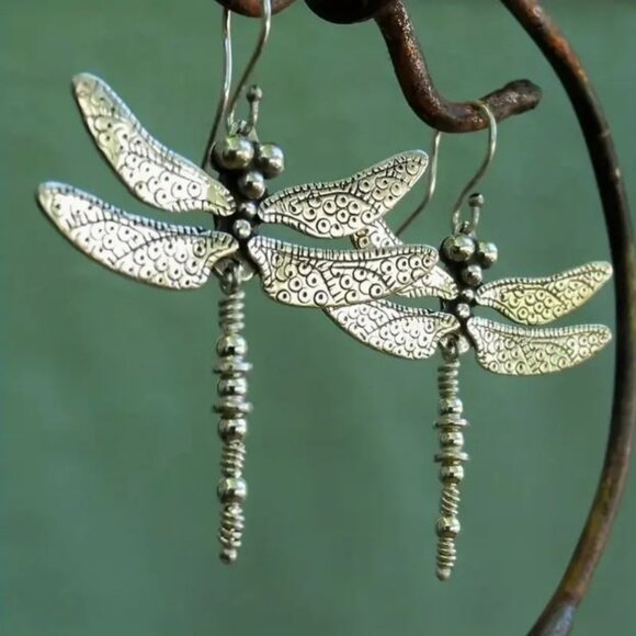 Private Label Jewelry - NEW Art Nouveau Pewter Dragonfly Drop Boho Earrings